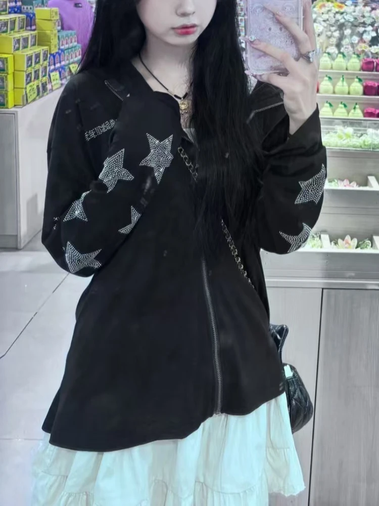 New Y2K Star Rhinestone Zip Up Hooded Jacket Women Loose Slim Fit Lightweight Thin Breathable Sun Protection Casual Daily Outfit