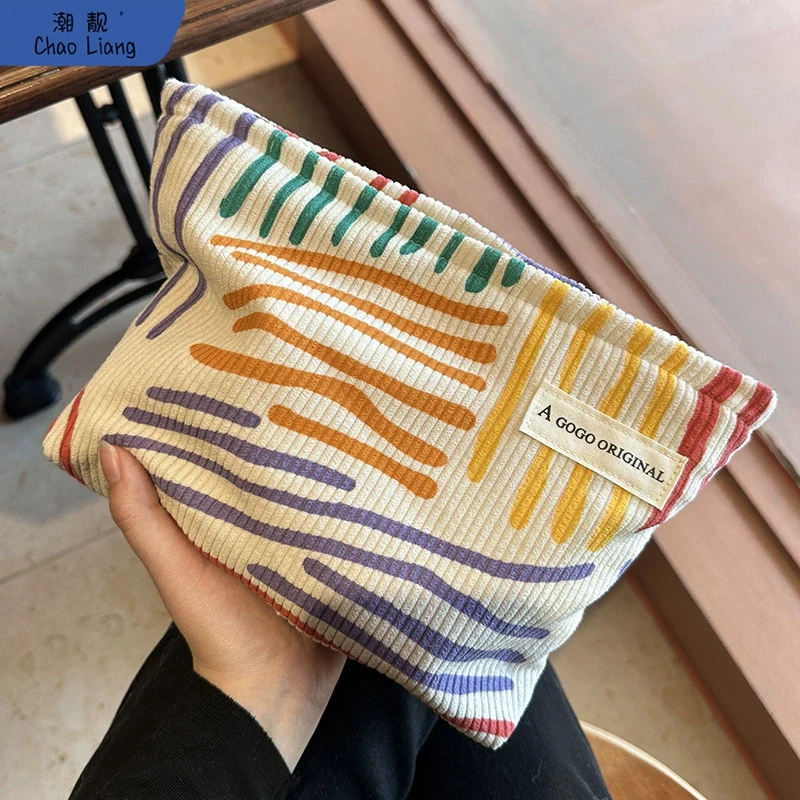 {CC44} Colorful Stripes Corduroy Cosmetic Bag Portable Travel Toiletry Bag Skincare Sundries Aesthetic Makeup Storage Bag