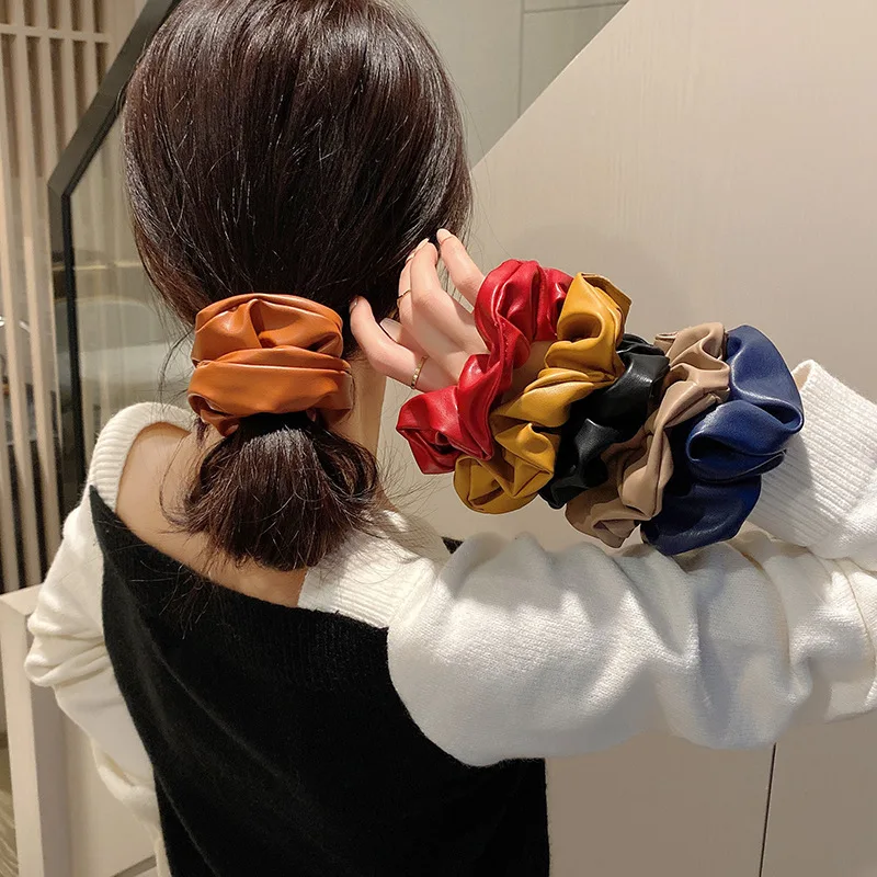 

Vintage PU Leather Scrunchies Solid Color Korean Fashion Elastic Hair Bands Ponytail Holder Hair Ties Women Hair Accessories New