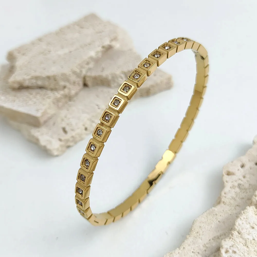 New square zircon stainless steel gold plated 18K bracelet, high quality waterproof silver jewelry, gift for wife