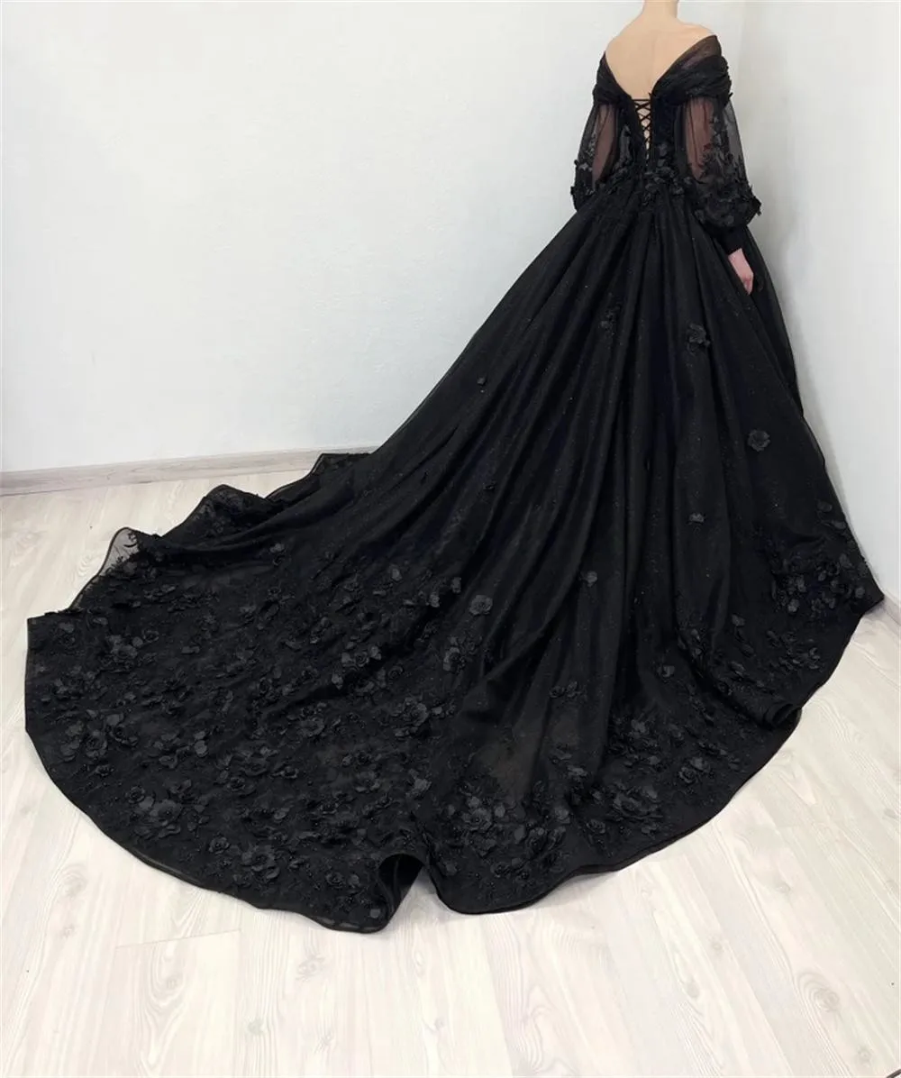 Amanda Puffy Sleeve Prom Dress Luxury 3D Flower Long Train Vestidos De Fiesta Gothic Ball Gown Wedding Dress فساتين سهرة