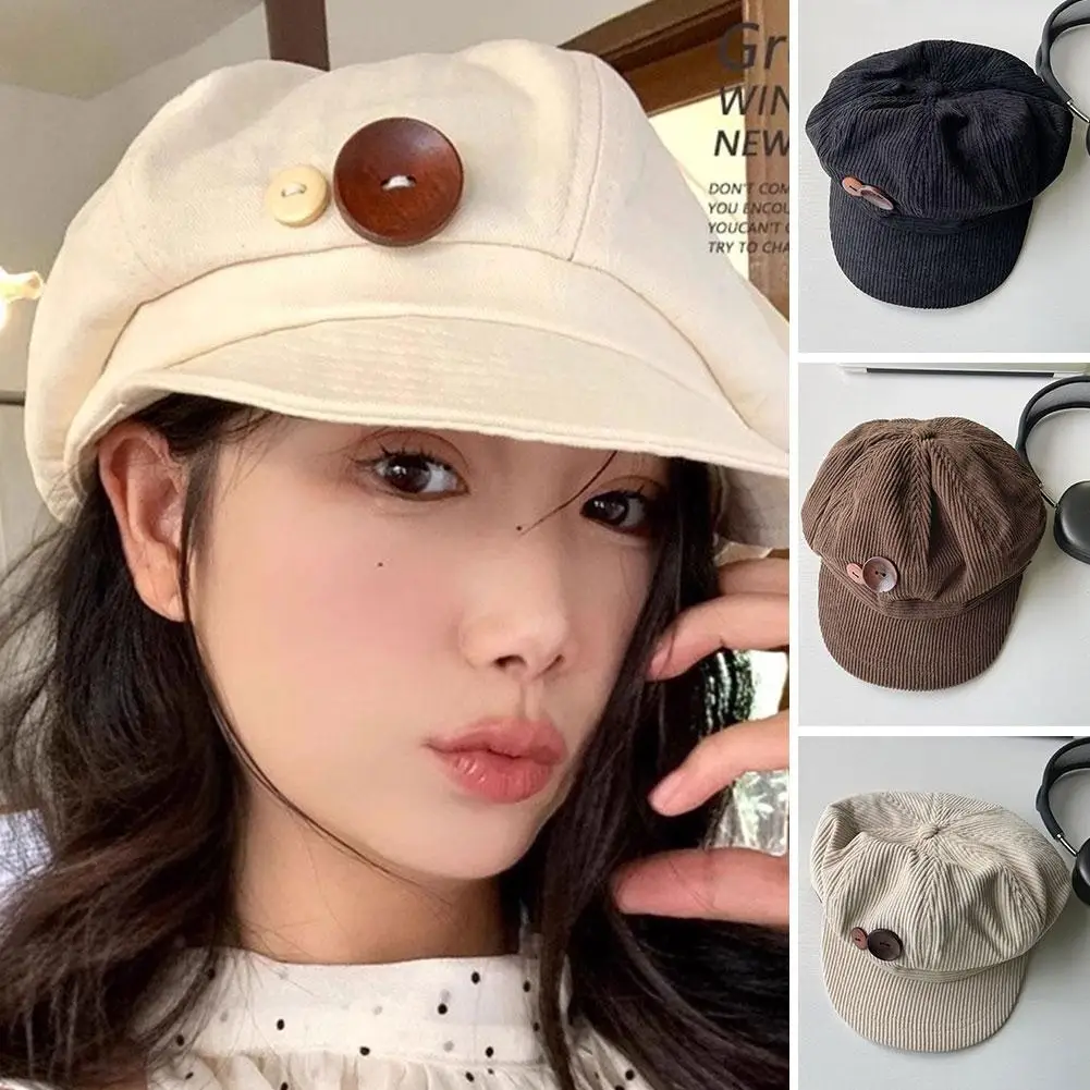 Retro Knopf Cord Achteckige Kappe Für Frauen Maler Künstler Hut Japanische Mädchen Braun Schirmmützen Herbst Winter Berets – Detail 6