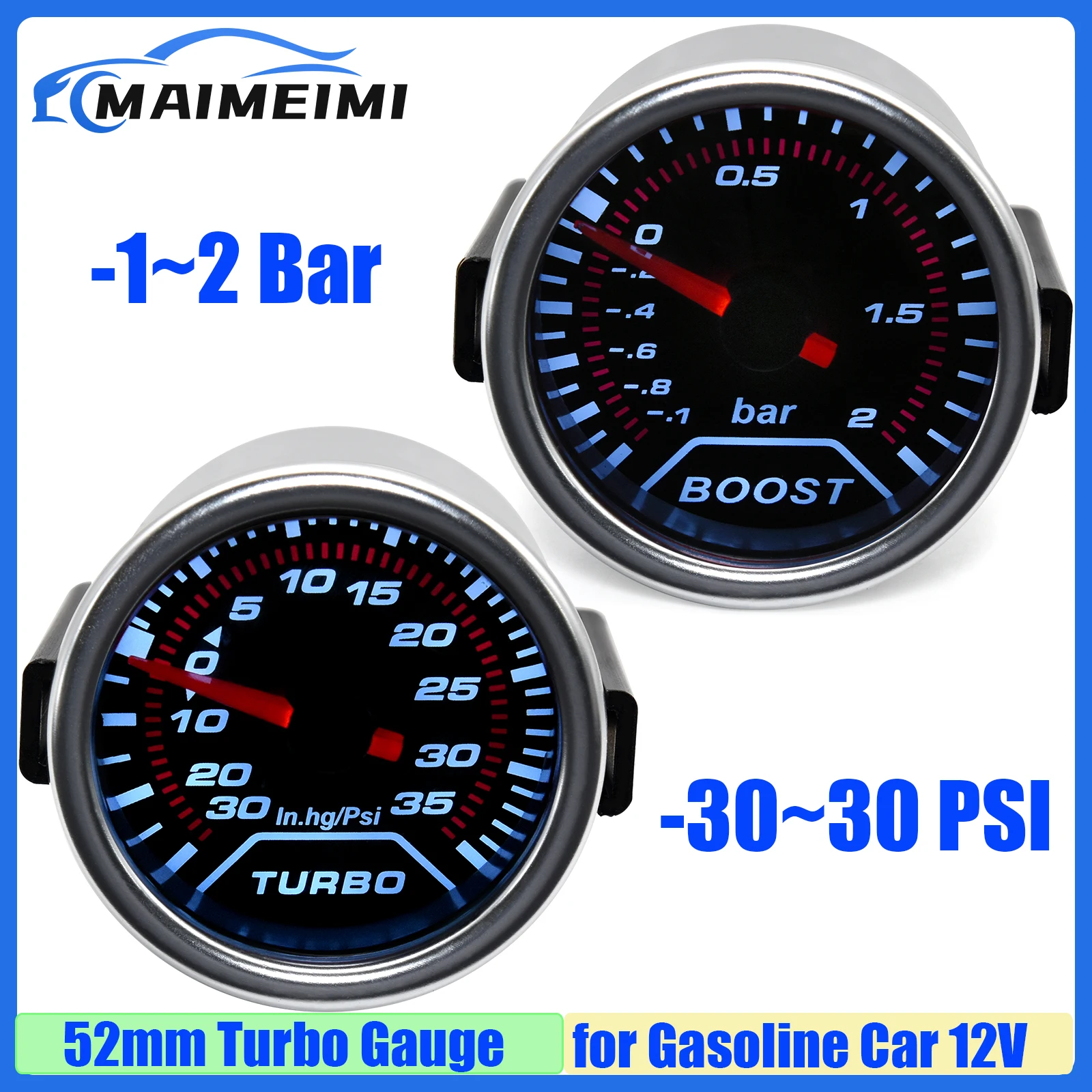 

Automobile Car Smoke Lens 52mm Turbo Boost Gauge with Sensor -30~30 PSI, -1~2 Bar Turbo Meter for Gasoline Car 12V