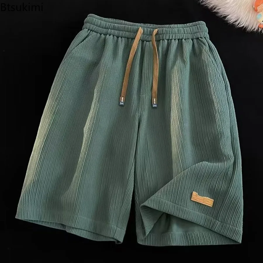 2025 Men Shorts Fashion Drawstring Pocket Solid Ribbed Summer Ultra-thin Casual Shorts Elastic Waist Men Sports Basketball Pants