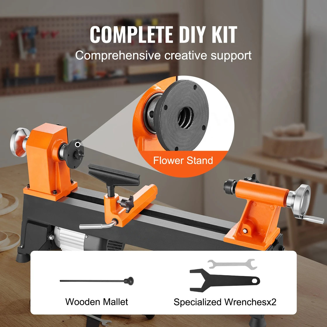 780/1320/1920/2640/3840 Variable Speeds Benchtop 10 In X 18 In 0.5 HP Wood Lathe 370W Power Wood Turning Lathe Machine view 6