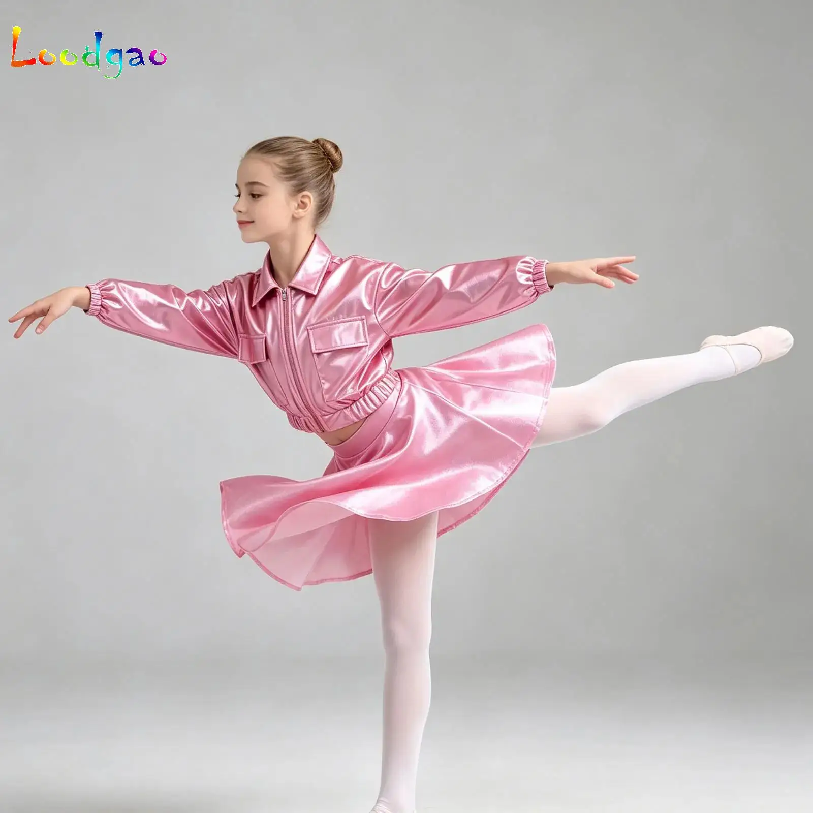 Fashion Children's Metallic Hip-Hop Outfits Jazz Dance Costume Kids Girls Shiny Jacket Outerwear with Skirts Stage Dancewear Set