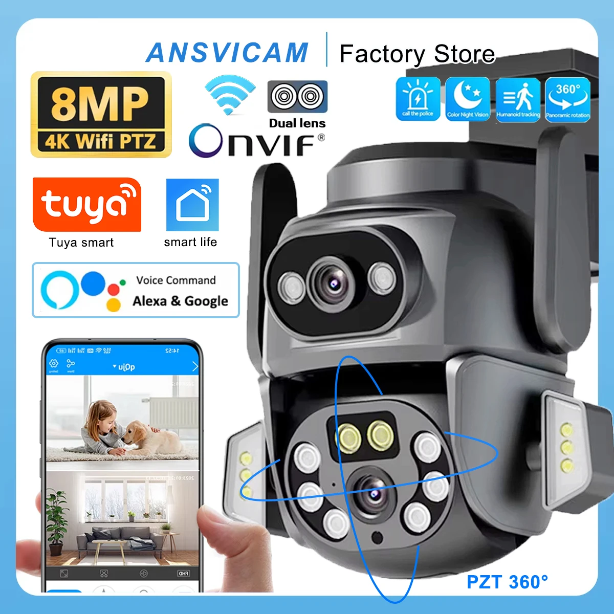 

8MP 4K Dual Lens WiFi Camera AI Auto Tracking Home Security Camera IP66 Waterproof TUYA APP CCTV Support Alexa