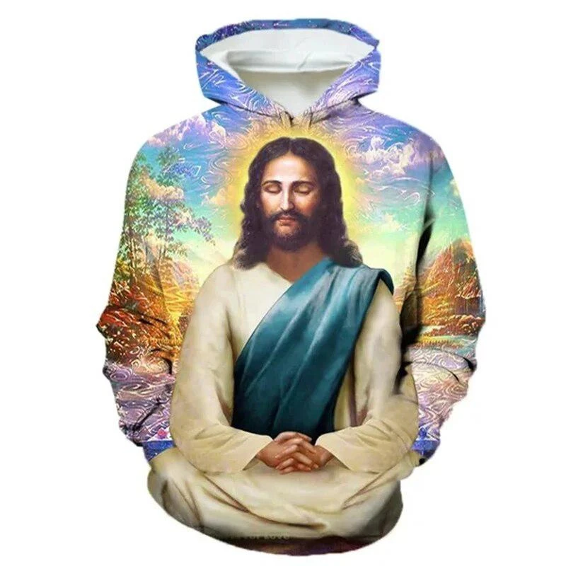 Christian Jesus 3D Printed Hoodie For Men Women Fashion Personality Christian Hooded Unisex Fun Virgin Mary Print Pullover Tops