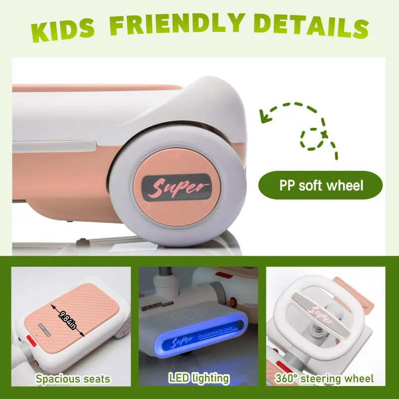 12-V-Reinigungswagen für Kinder, 55-W-Motor vorne mit Mopp zum Reinigen der Länge, erweitert um 6 cm, eingebaute Musik- und Beleuchtungsfunktionen