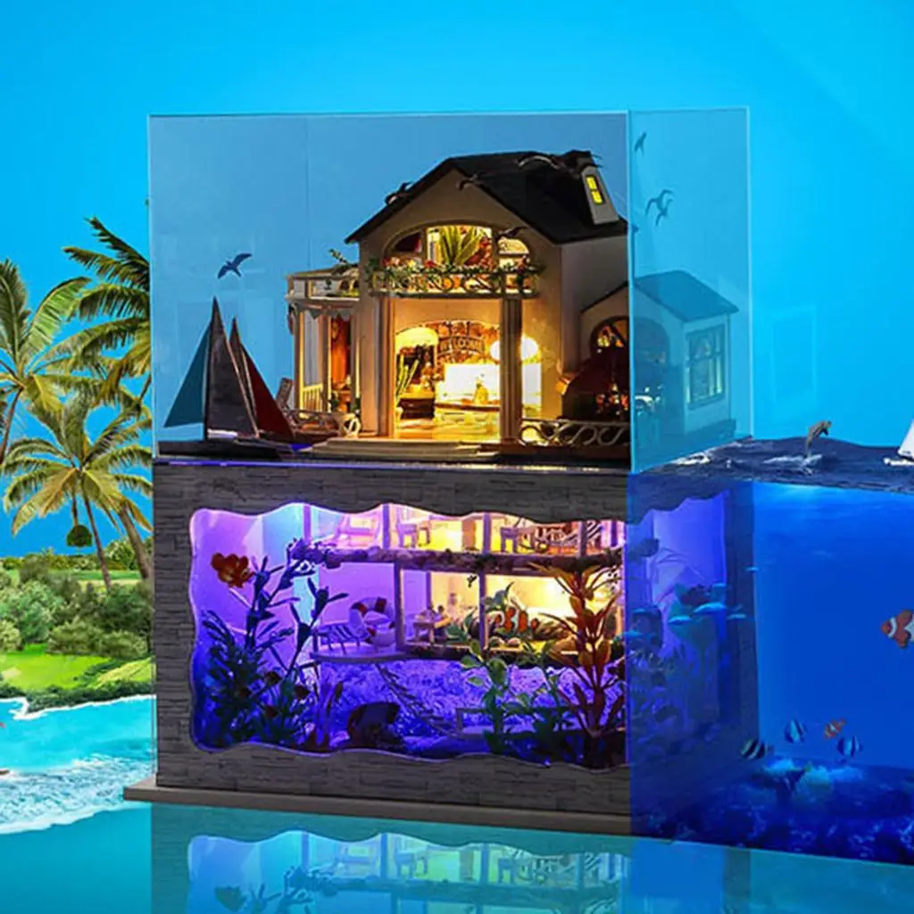 Kit di mobili per case delle bambole Mini giocattolo puzzle antipolvere per villa al mare