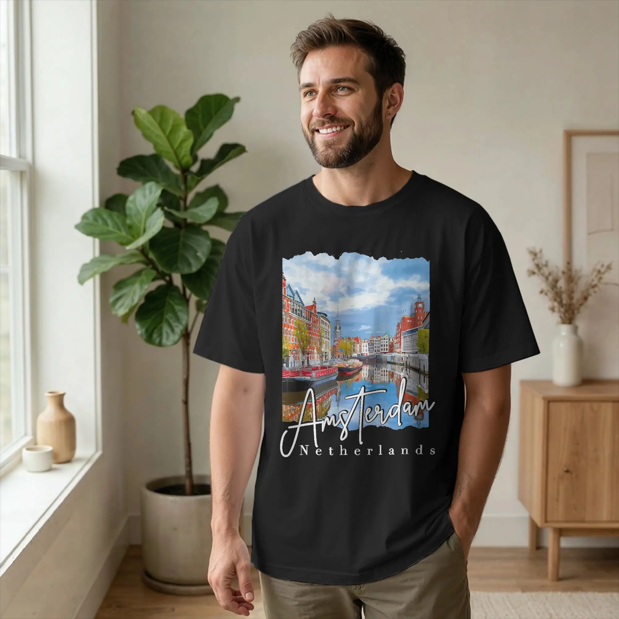 Amsterdam Netherlands Flag Dutch Men T Shirts Souvenir Holland Novelty Tees Short Sleeve Round Collar T-Shirt Cotton Party merch