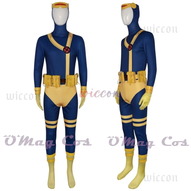 97 Cyclops Cosplay Costume Blue Jumpsuit Yellow Shoes Set Scott Summers Movie Costume Male Halloween Carnival Outfit Custom Made