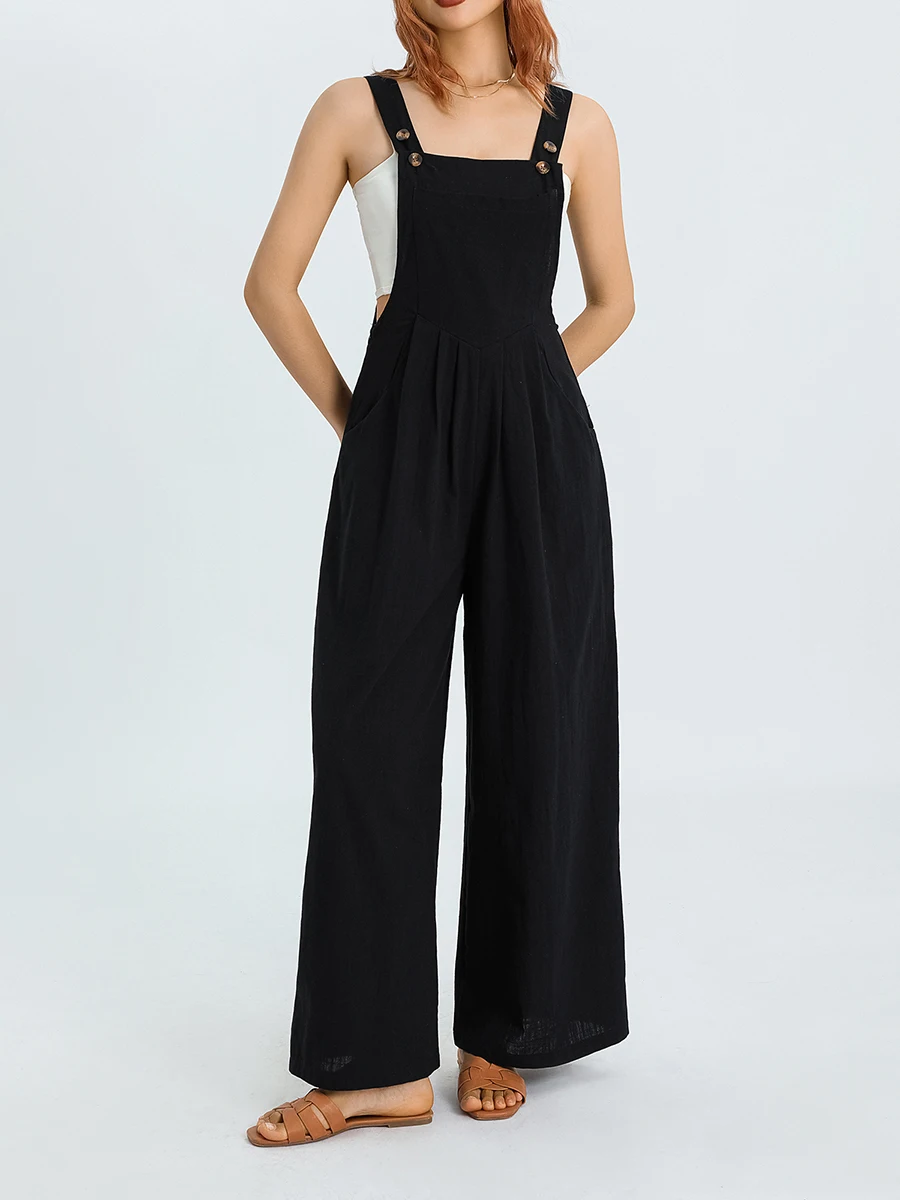 Women s Casual Loose Fit Overalls Solid Color Baggy Jumpsuit Romper with Cargo Pockets and Wide Leg Pants for a Stylish Look