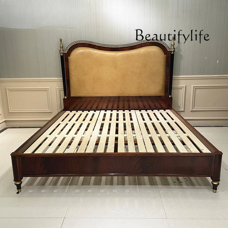 European-style solid wood double bed villa classical English wedding bed first layer oil wax cowhide bed luxury