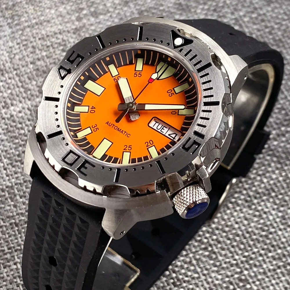 

42mm Tandorio 20Bar Japan NH36A Monster Mens Automatic Watch AR Sapphire Crystal Orange Dial 3.8 o'clock Day Display Green Lume