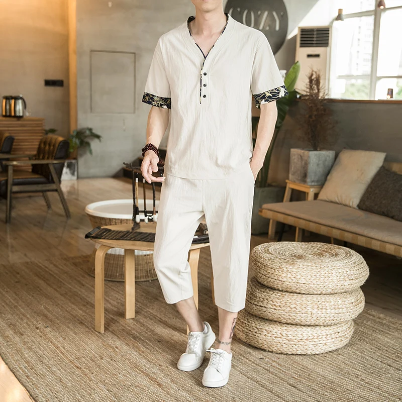 

Off White Cotton Linen Oriental Mens Clothing Large Sizes Chinese Style 2 Pcs Sets Black Grey Zen Clothes Hemp Blouse And Capri