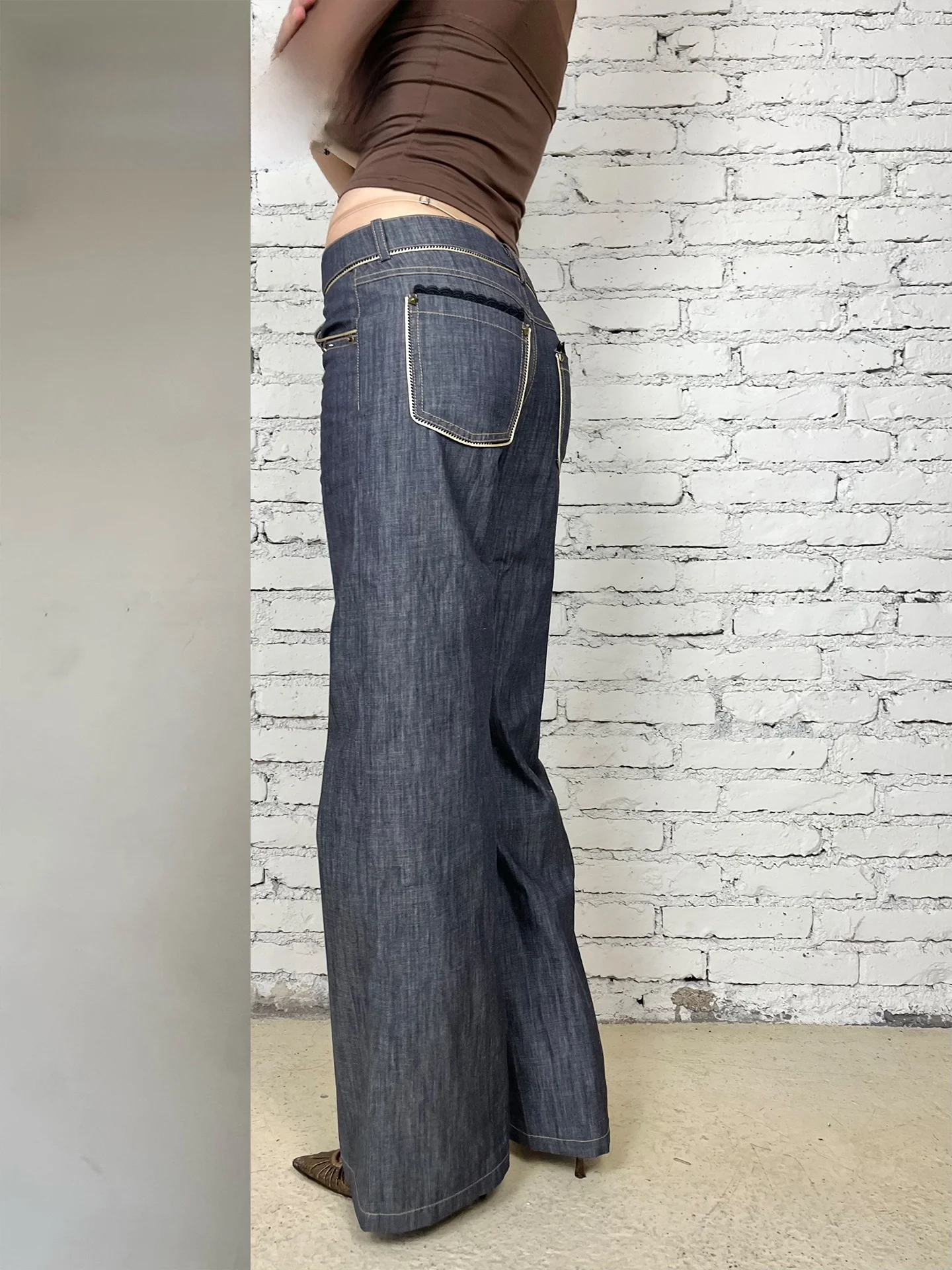 

Джинсы с высокой талией оригинального цвета с кружевными вставками, коллекция 25SS, повседневные, широкие, свободного кроя, длинные брюки для женщин