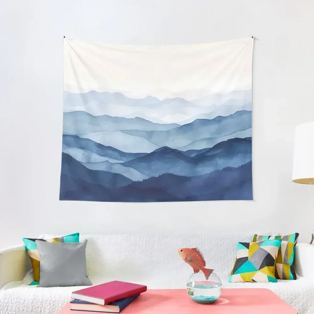 

Blue Misty Mountains Watercolor Indigo Tapestry Mushroom Wallpaper Aesthetic Room Decor Tapestry