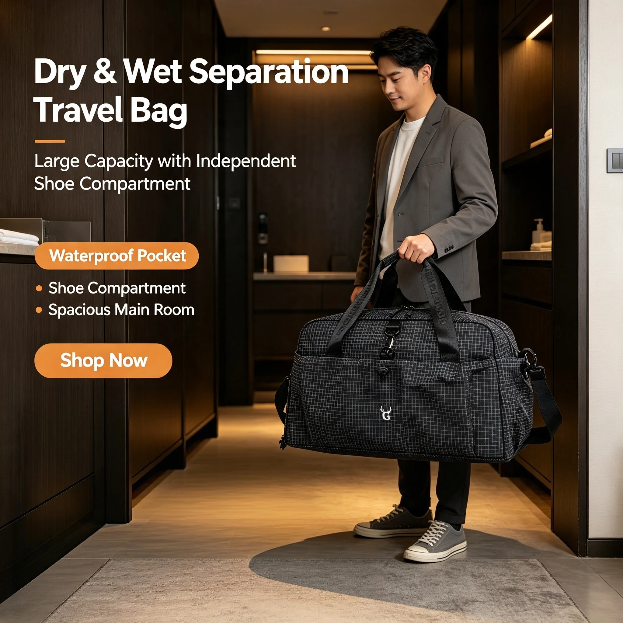 Sports Travel Bag with Dry & Wet Separation and Independent Odor-proof Shoe Compartment, Water-resistant Fabric Separates Dry and Wet Items, Side Accessory Pockets, Hand & Backpack Dual Use, Luggage Bag for Basketball, Camping and Short-Distance Travel.