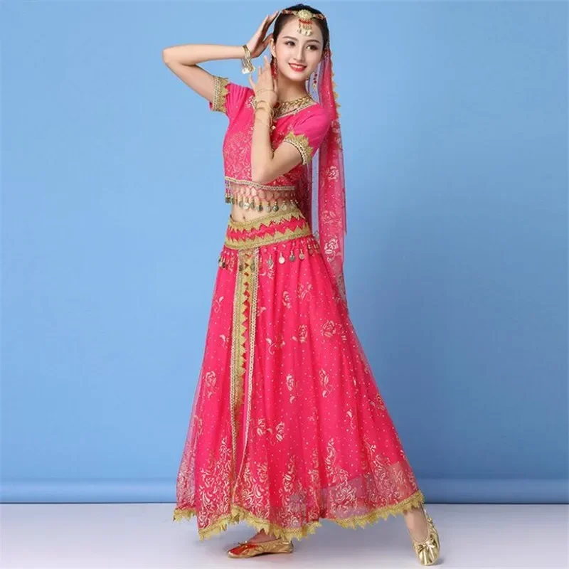 Indian Costumes Set Bollywood Belly Dance Stage Performance Chiffon Top Waist Chain Skirt Women Props