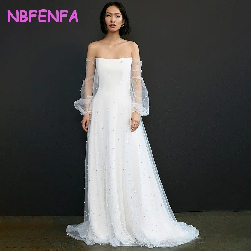 White Silky Organza Wedding Dresses Korean Simple Shoulder Long Sleeved Bridal Gowns Pearl Decoration Travel Photography Dress