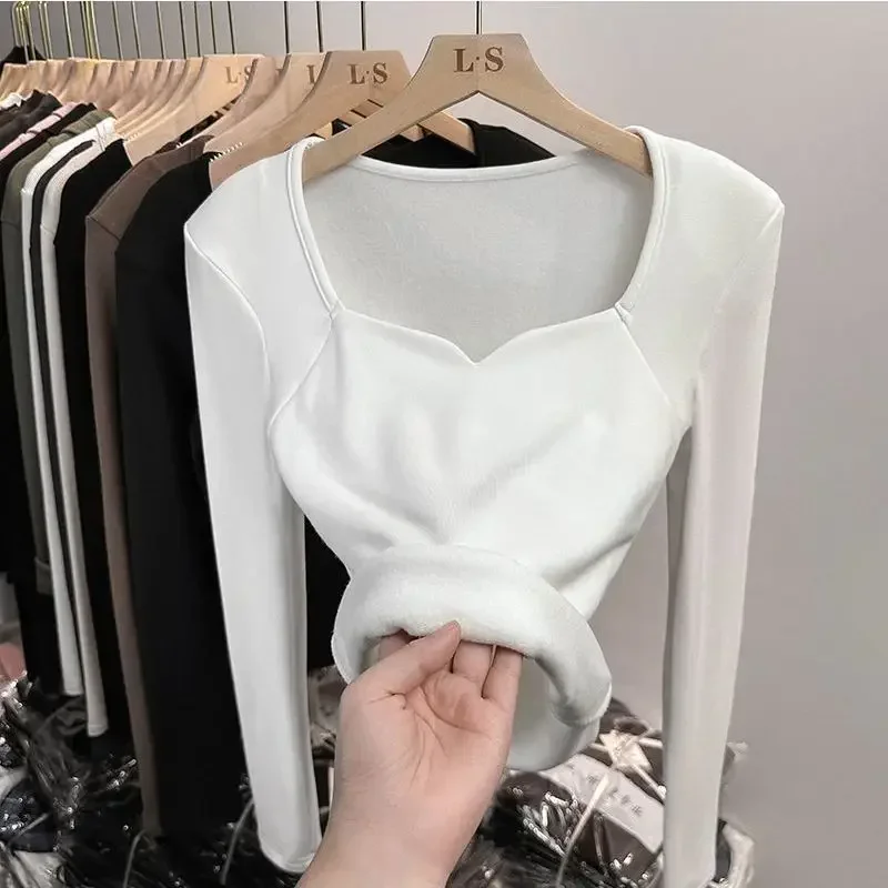 Camiseta de manga larga con cuello cuadrado para mujer, Top corto de felpa, ropa mate cálida, Otoño e Invierno