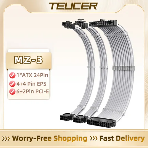 TEUCER MZ-3 Kit de cable de extensión PSU blanco 3 en 1 Juego de PSU de 300 mm a ATX 24 pines PCI-E 6 + 2 pines CPU 4 + 4 pines Cable con peines