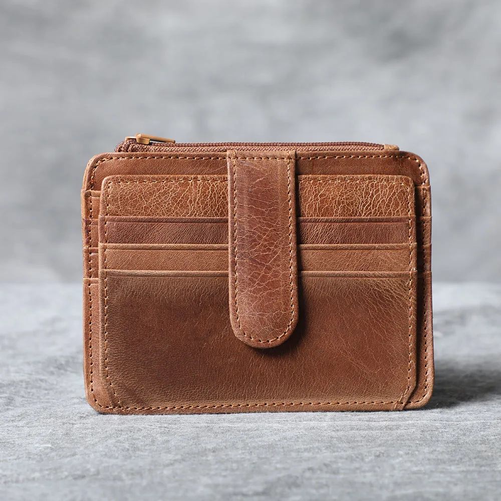 S.WORKER Handgefertigter Vintage-Kartenhalter aus echtem Leder, Vollnarbiges Rindsleder, Kleine Münztasche, Tragbare Tasche – Detail 4