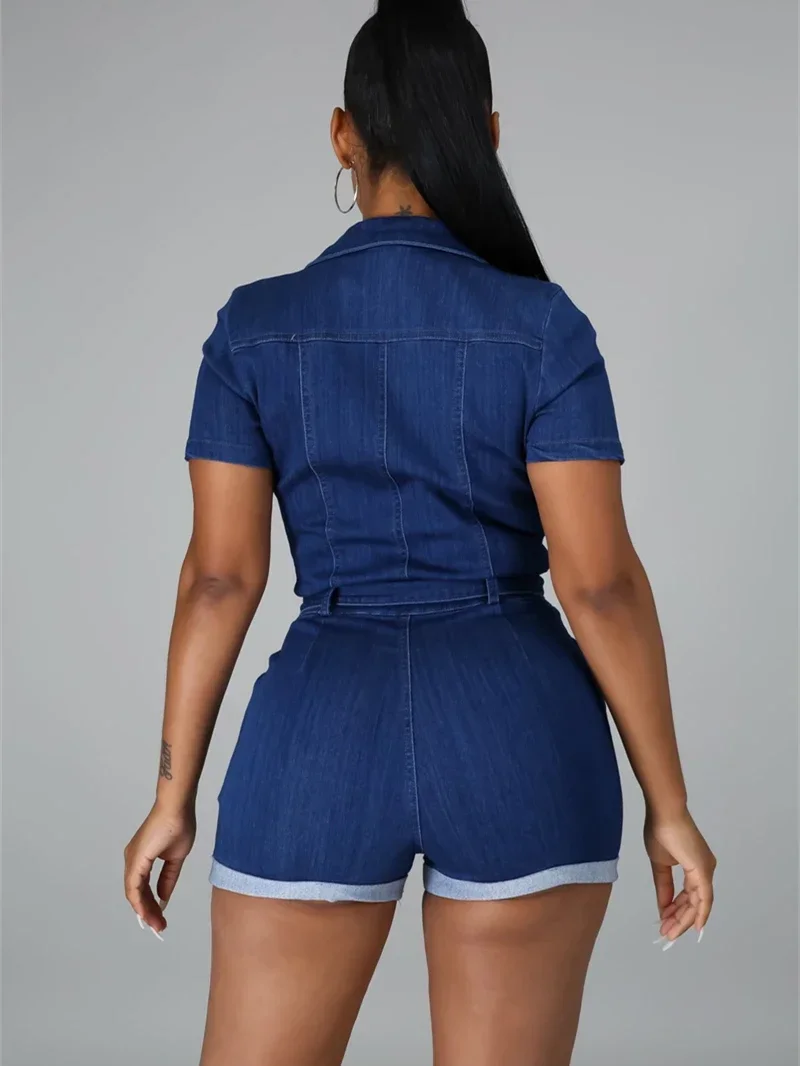 Streetwear DENIM Rompers Playsuits เสื้อผ้าฤดูร้อนผู้หญิง 2025 เปิดลงปก Jean กางเกงขาสั้น Jumpsuits One ชิ้น Overalls ชุด