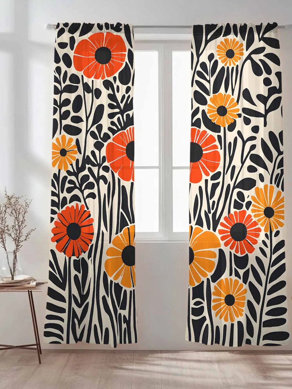 

Abstract Black Orange Flower Window Curtains Bedroom Drape Sheer Tulle Valances Living Room Kitchen Voile Curtain