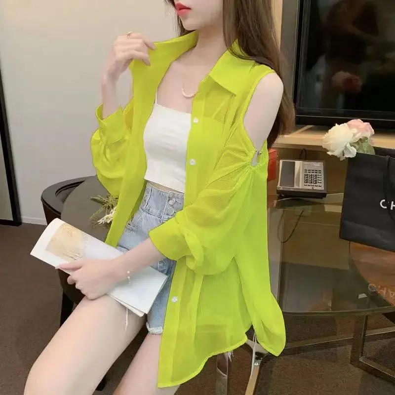 

Fashion Lapel Button Solid Color Off Shoulder Chiffon Shirts Female Clothing 2024 Summer New Loose Sweet Tops Casual Blouses