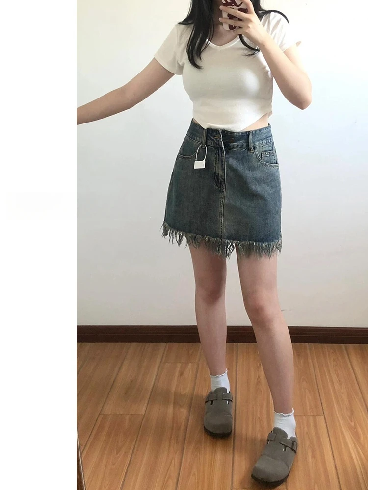 Dżinsowa spódnica w stylu retro z frędzlami, wysoki stan, damska, jesienna, plus size, zakrywająca brzuch, wyszczuplająca, duży rozmiar, spódnica w kształcie litery A.