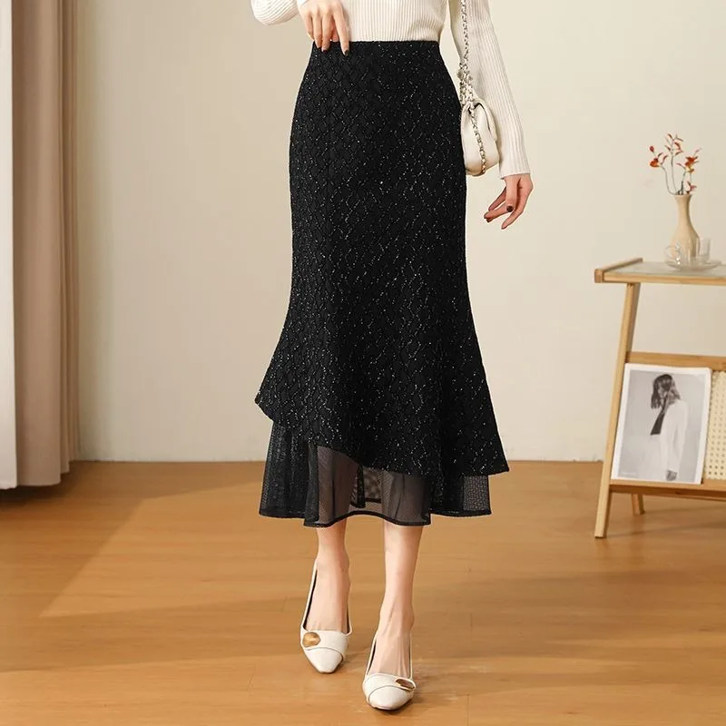 향기로운 피쉬테일 스커트 밝은 실크 신상 하이웨이스트 슬림핏 미디 기장 원피스 힙 스커트