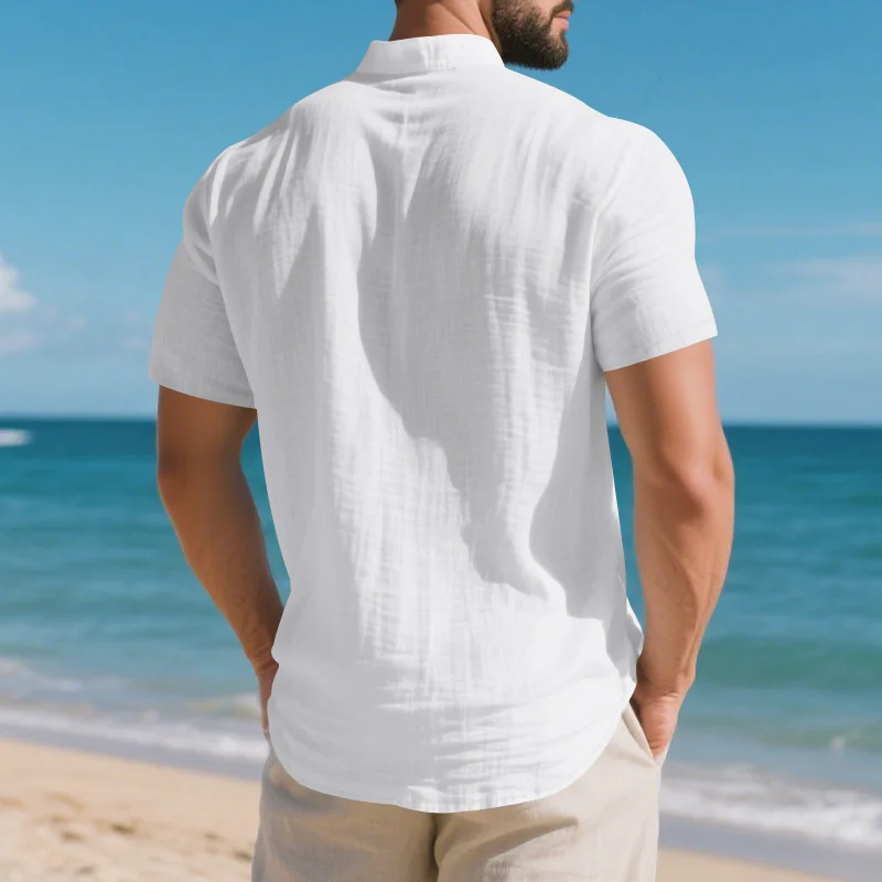 Summer Men's fitness training linen stand-up collar casual short-sleeved Men's pure color Loose breathable jogging t-shirt tops