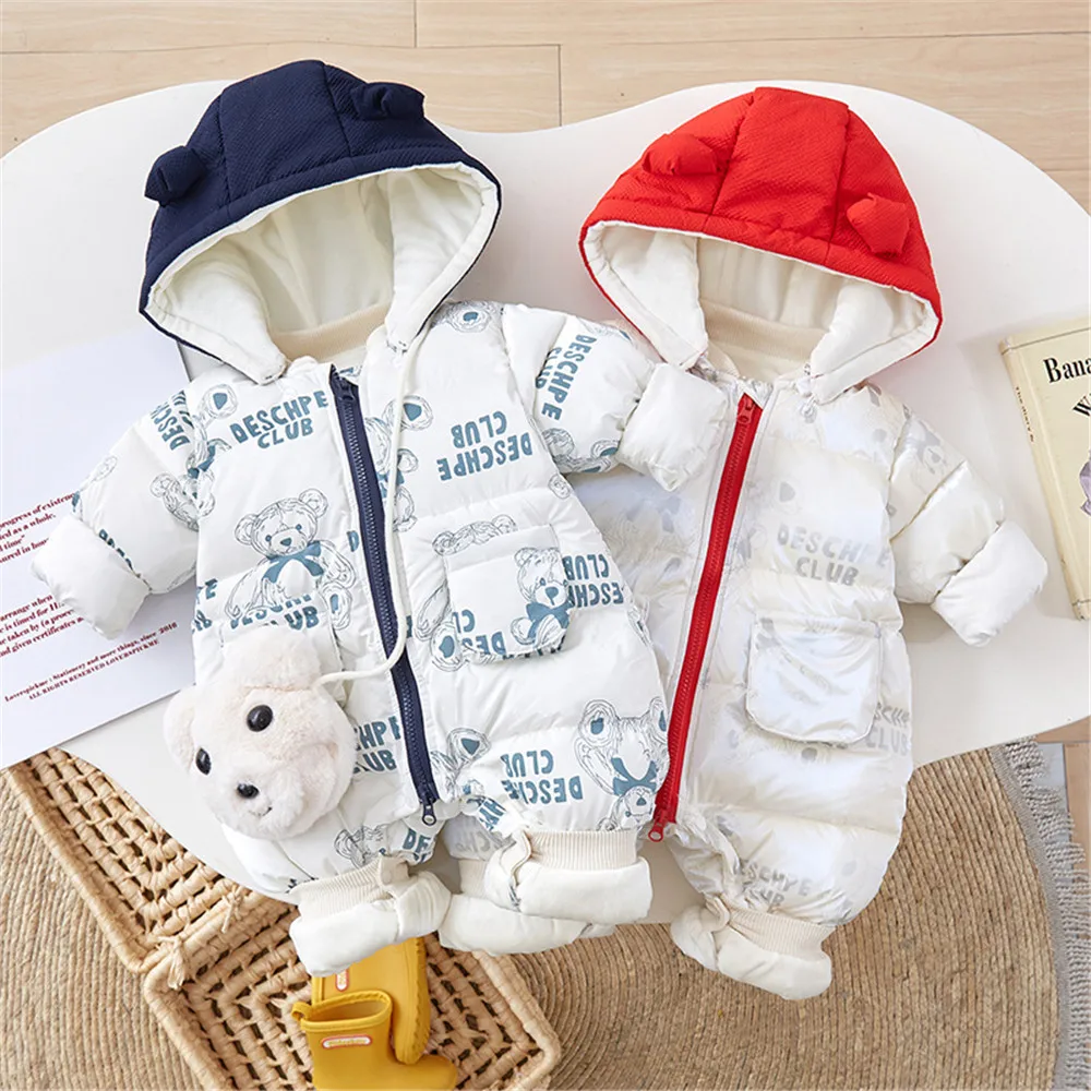 Winter Baby Boy Rompers Long Sleeve Thicken Hooded Clothes Cartoon Print Newborn Clothes Infant Girls Outwear