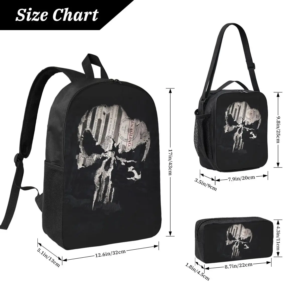 Heavy Metal Skeleton Skull Punishers Backpack BookBag School Bag Laptop Shoulder Bags 3ps Insulated Lunch Bag Pencil Case