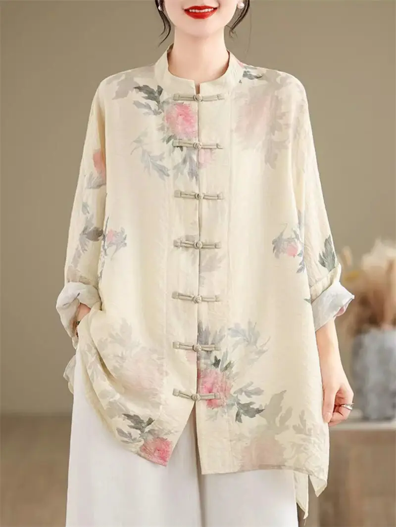 

Chinese Style Women's Outerwear Top 2024 Spring/Summer High-End Printed Shirt Fashionable Button Up Sun Protection Clothing K733