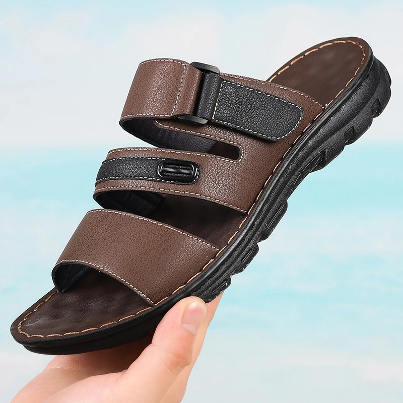 Men's Casual Slip-On Sandals with Color Block Magic Tape Anti-Slip Soft Sole Wear-Resistant Outdoor Beach Thong Shoes-8908