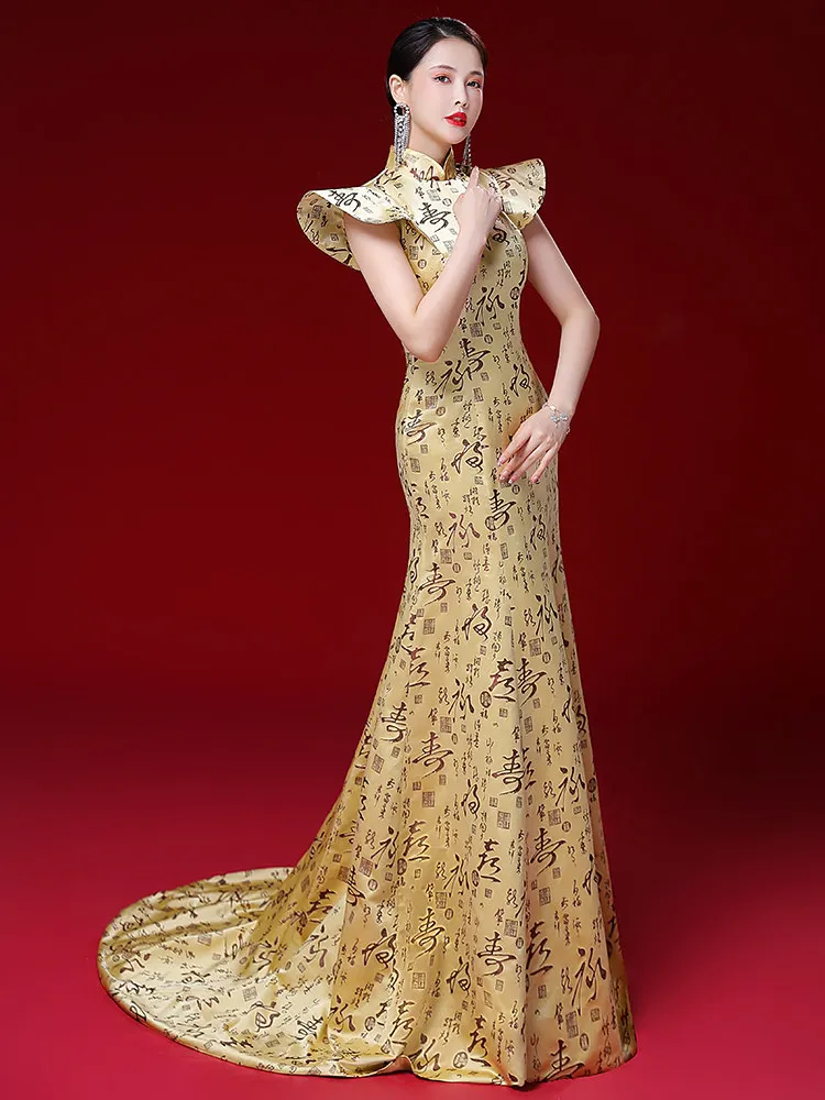 Chinese Cheongsam Evening Gown Lace Flying Shoulder Trailing Fishtail Skirt Annual Party Grand Opening Ceremony Gown