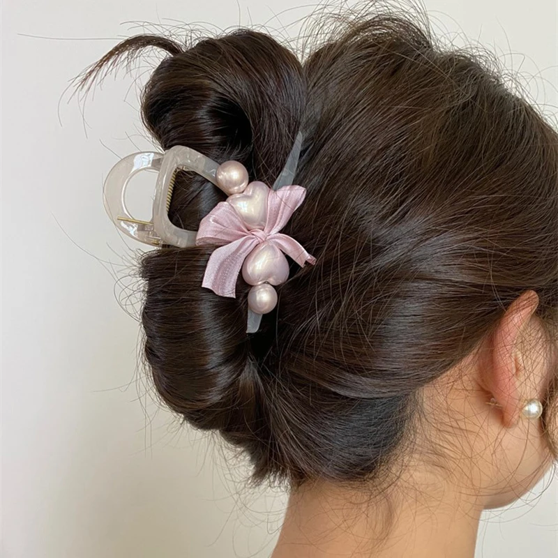 Tocado de garra de pelo de lazo de perla elegante, pasadores dulces de moda, Clip de tiburón Simple para mujeres y niñas, accesorios para el cabello de cola de caballo