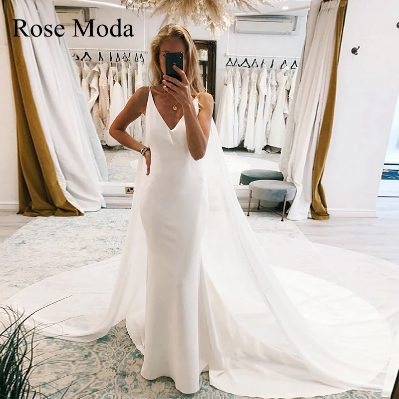 

Rose Moda V Neck Mermaid Beach Wedding Dresses with Removable Cape Destination Bridal Gown Custom Make