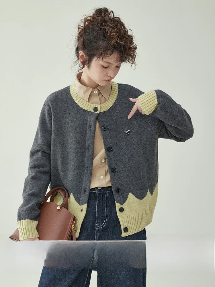 

AMUU оригинальный вязаный цветной свитер, круглый женский свитер на одной пуговице, осень-зима, новый свободный крой, для поездок на работу