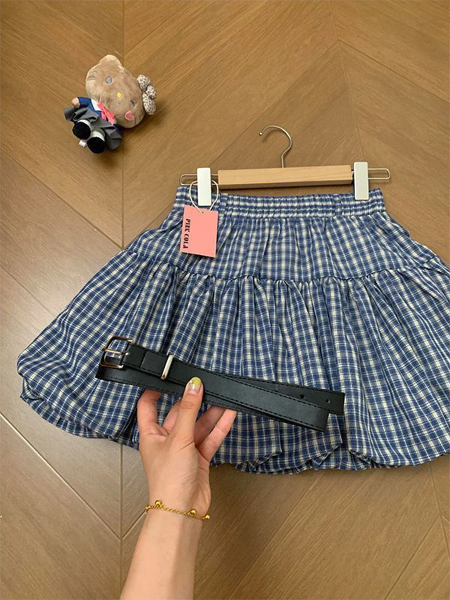 Koreaanse Sle Hoge Taille Geruite Bloemknop A-lijn Rok Dames Faion Lente Herfst Seizoen Ademend Comfortabel Polyes...