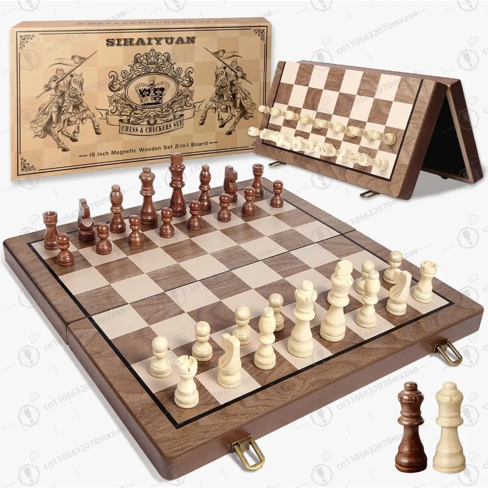 

15'' Magnetic Wooden Chess Board, Travel Chess Set for Adults, 2-in-1 Chess and Checkers Board Game