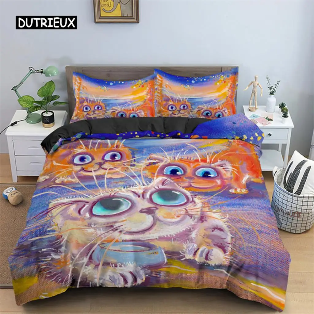 Watercolor Cartoon Cat Duvet Cover Microfiber Cute Animals Comforter Cover Abstract Pet Cat Bedding Set King Twin Single Size