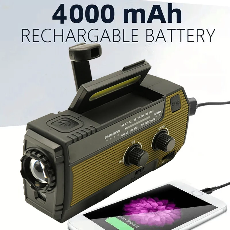 Radio de emergencia portátil, manivela Solar de 4000mAh, cargador de teléfono móvil, Radios AM/FM, linterna LED, luz nocturna para interiores y exteriores