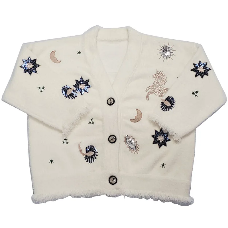 Cardigan in pelliccia di visone finto con scollo a v allentato con motivo ricamato con paillettes in stile pigro molto fata