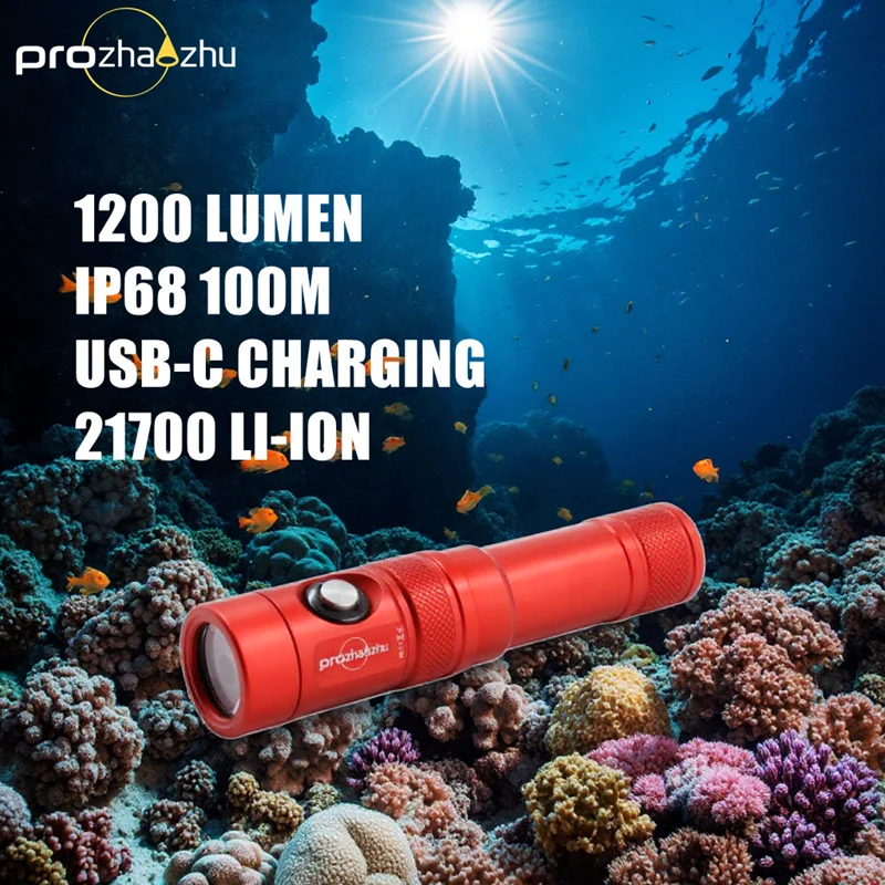 1200 Lumen Diving Flashlight Aluminum Alloy 21700 Lithium-ion USB-C Charging Dive Lights For Divers