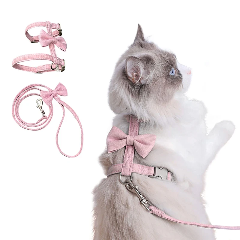 Traction Rope Set Cat Harness Rope Universal For Dogs And Cats Breathable And Adjustable Bow Tie Pink Walking Leash