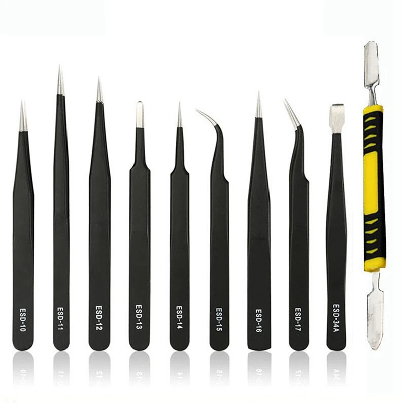 10-Piece Set Elbow Pointed Flat Head Precision Stainless Steel Tweezers Tweezer Combination Suit Easy Storage